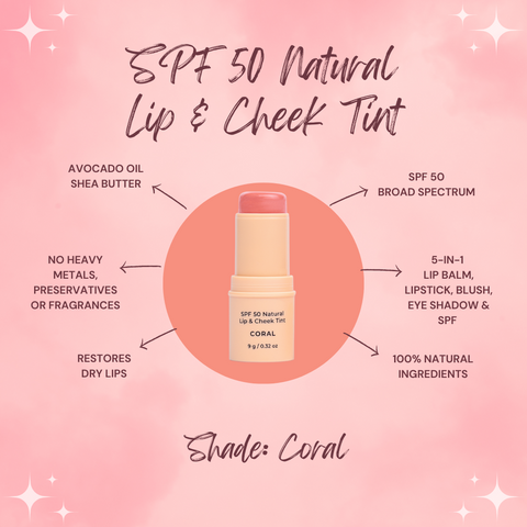 Avocado Zinc SPF 50 Natural Lip & Cheek Tint - Coral 9g