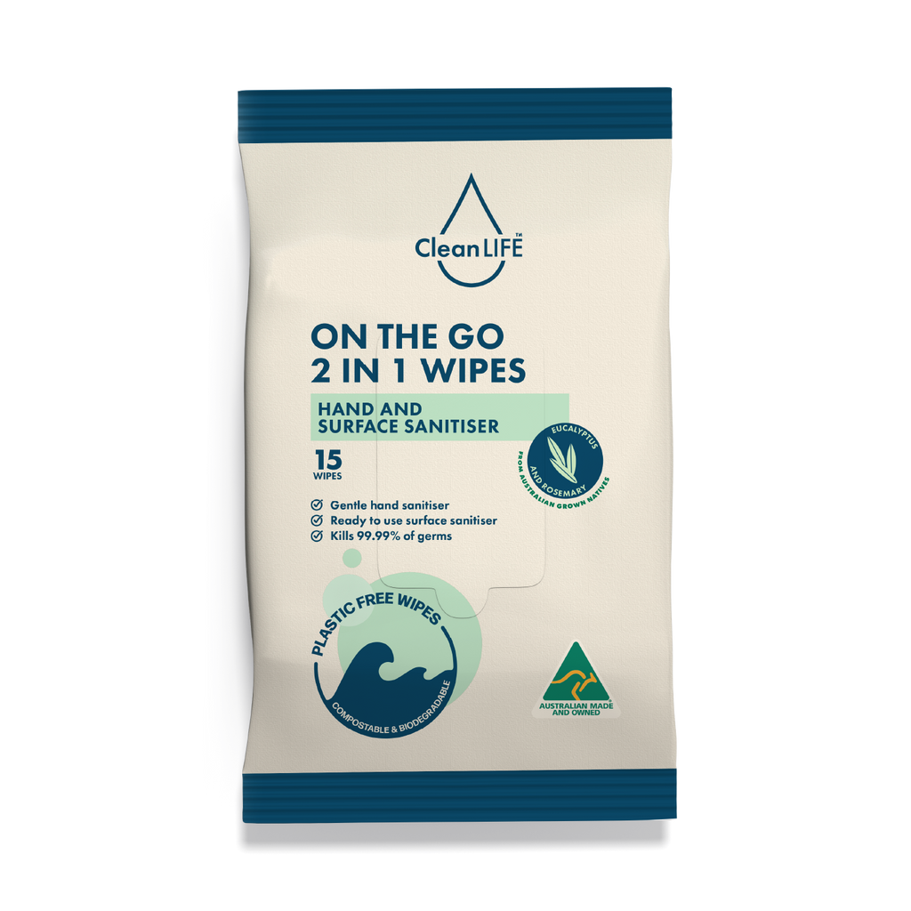 CleanLIFE On The Go 2 in 1 Wipes - Hand and Surface Sanitizer 15 Wipes