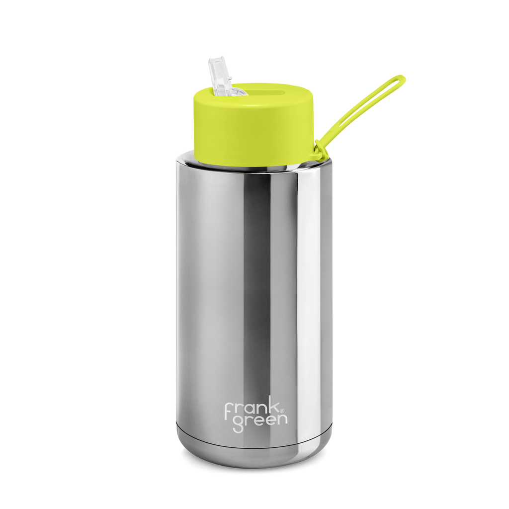 Frank Green - Ceramic Reusable Bottle with Straw Lid - Chrome with Neon Yellow (1L/34oz)
