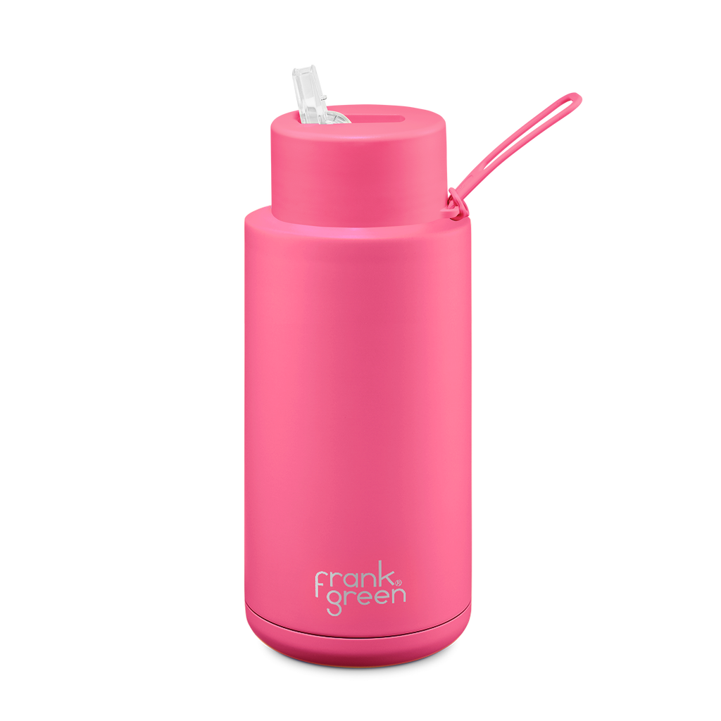 Frank Green - Stainless Steel Ceramic Reusable Bottle with Straw Lid - Neon Pink (34oz)
