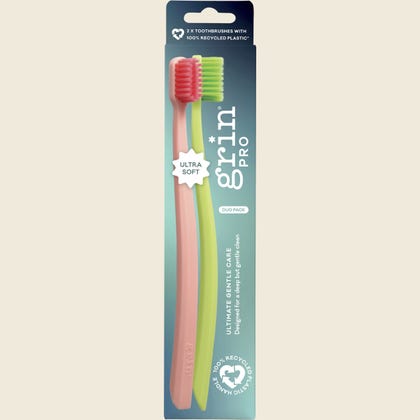 Grin Pro Ultimate Gentle Toothbrush Ultra Soft Pink, Green - 2 Pack