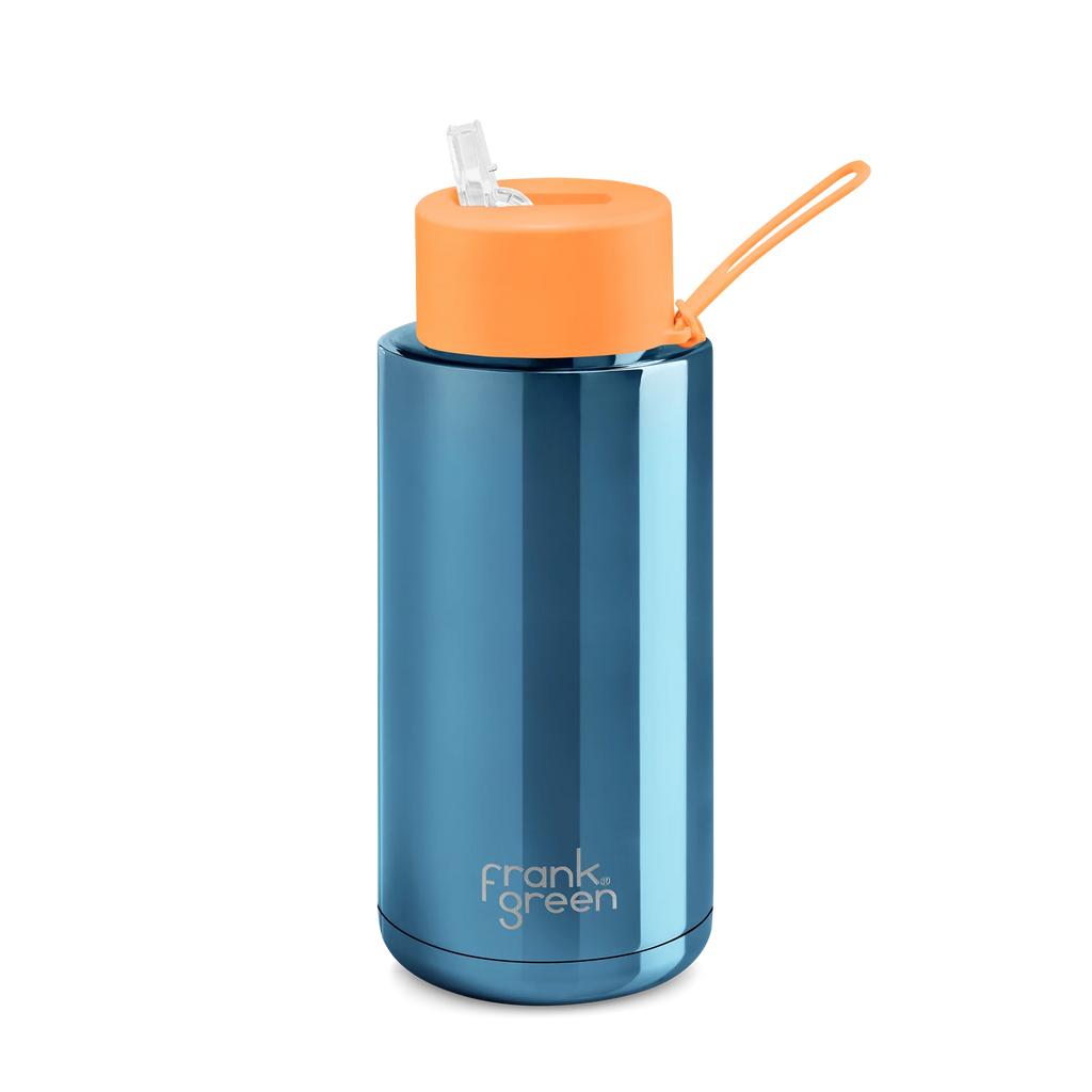 Frank Green - Ceramic Reusable Bottle with Straw Lid - Chrome Blue with Neon Orange (1L/34oz)
