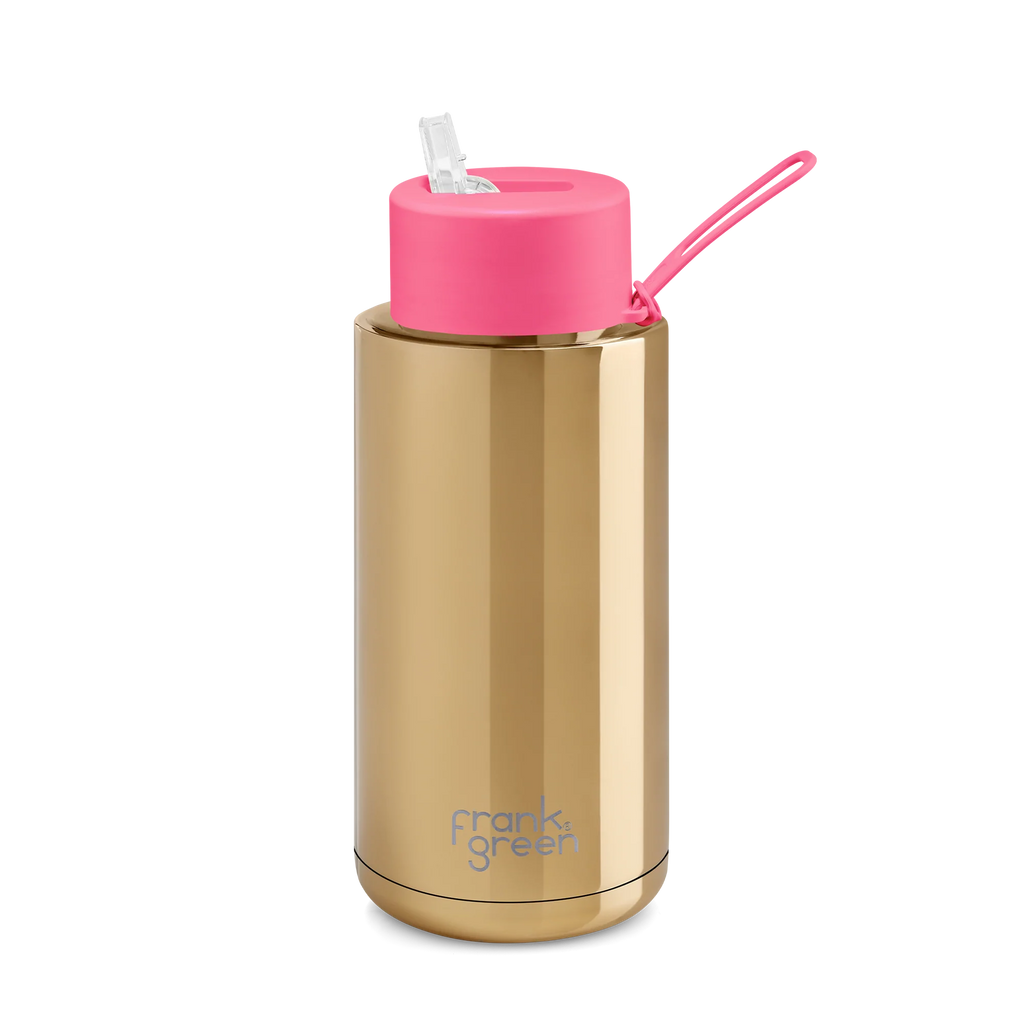 Frank Green - Ceramic Reusable Bottle with Straw Lid - Chrome Gold with Neon Pink (1L/34oz)