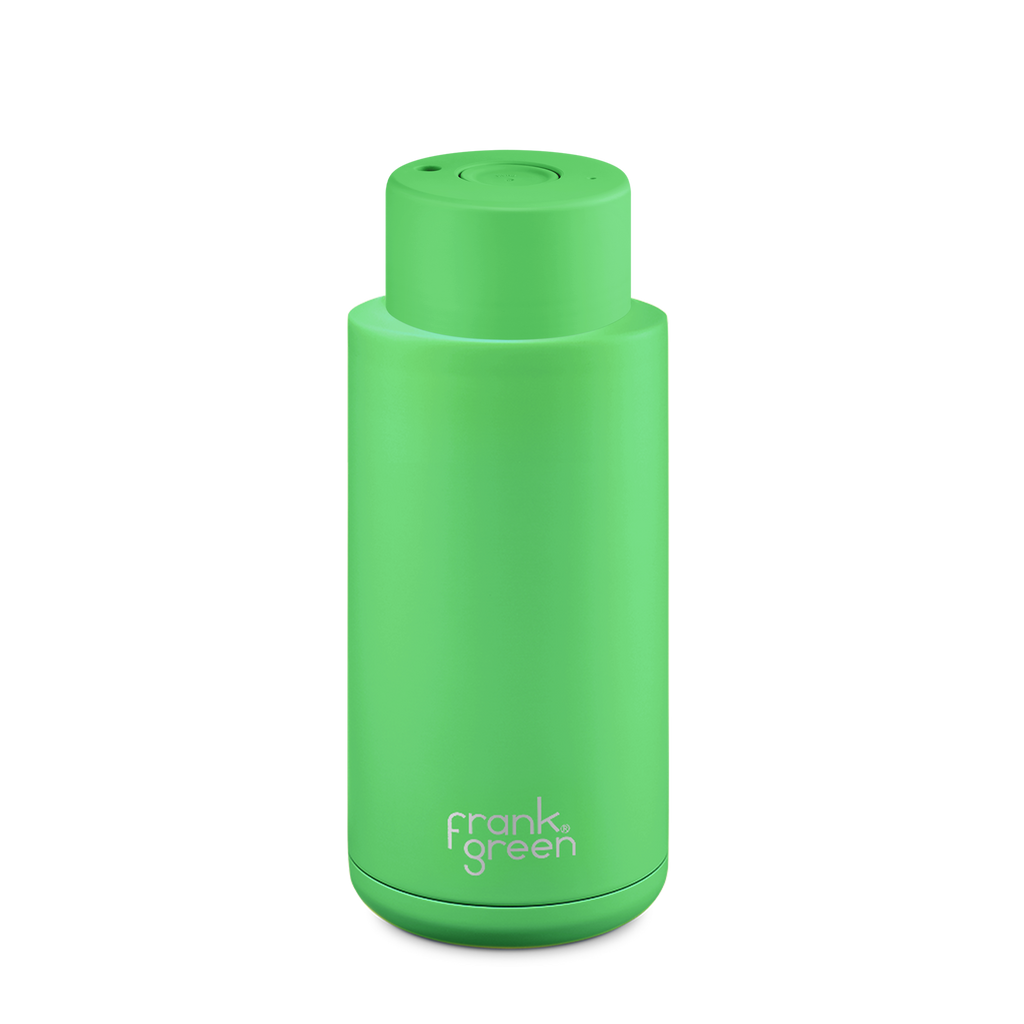 Frank Green - Stainless Steel Ceramic Reusable Bottle with Push Button Lid - Neon Green (34oz)