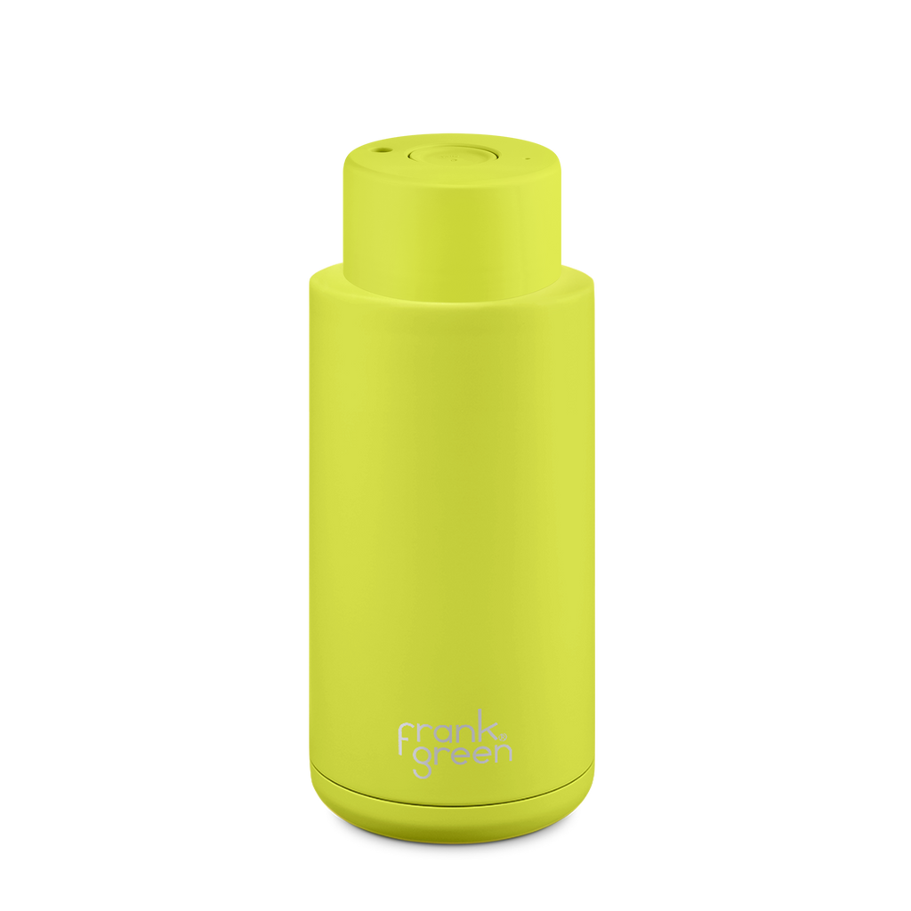 Frank Green - Stainless Steel Ceramic Reusable Bottle with Push Button Lid - Neon Yellow (34oz)
