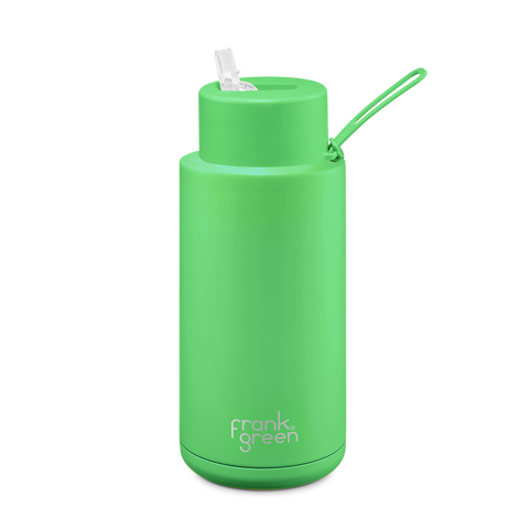 Frank Green - Stainless Steel Ceramic Reusable Bottle with Straw Lid - Neon Green (34oz)