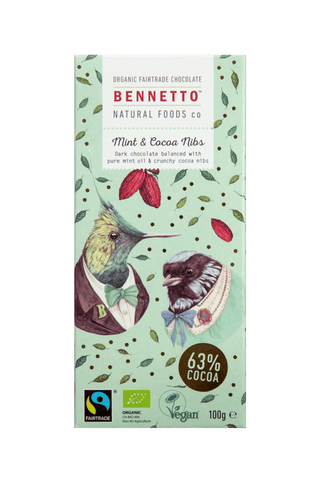 Bennetto Natural Food Co. - Organic and Fairtrade Dark Chocolate - Mint and Cocoa Nibs (100g)