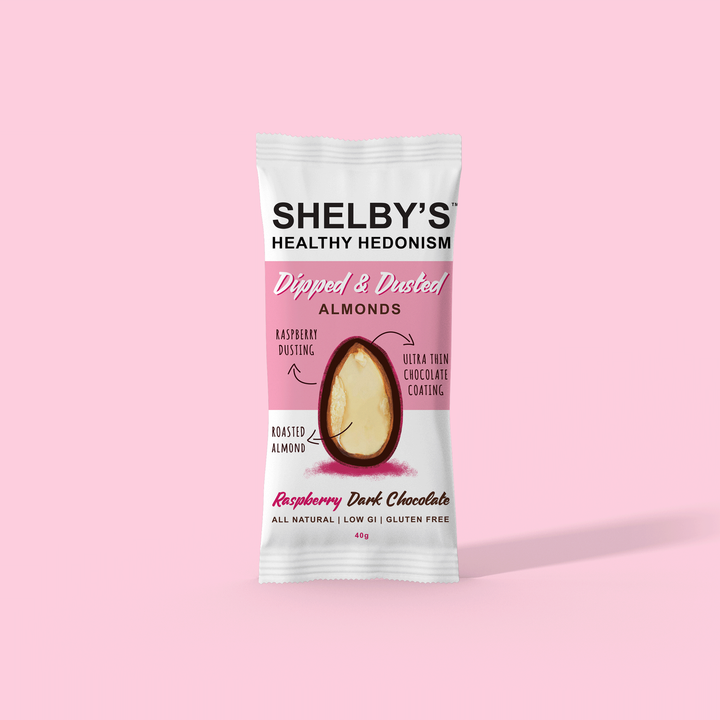 Shelby's - Dipped and Dusted Almonds - Raspberry Dark Chocolate (40g)