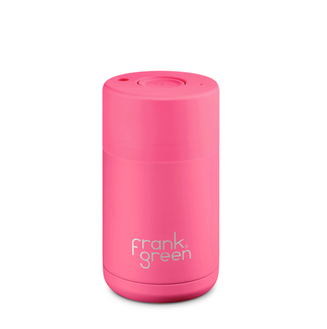 Frank Green - Stainless Steel Ceramic Reusable Cup with Push Button Lid - Neon Pink (10oz)