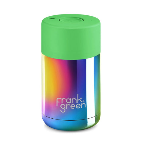 Frank Green - Ceramic Reusable Cup with Push Lid - Chrome Rainbow with Neon Green (295ml/10oz)