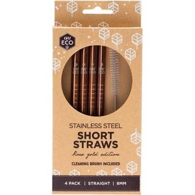 Ever Eco - Rose Gold Stainless Steel Straws - Short (4 Pack with Cleaning Brush)